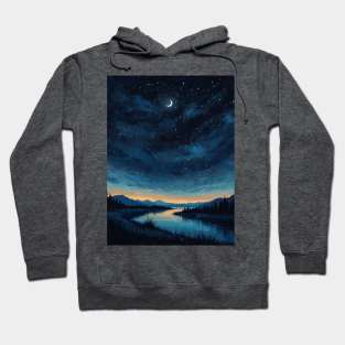 lake with starry night crescent moon Hoodie